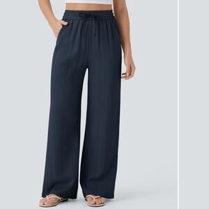 HALARA Navy Linen Wide-Leg Pants